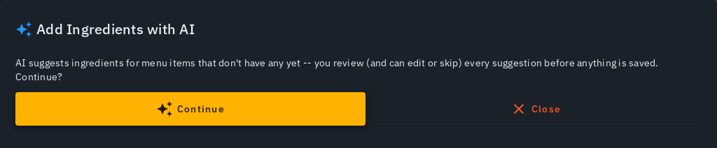 The "Add Ingredients with AI" confirmation sheet on the Menu screen, with a Continue button