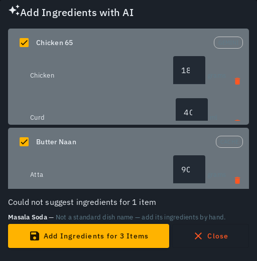 The bulk review list: each included dish with editable ingredient amounts and a cache/gemini source badge, and an underivable dish listed separately with its reason