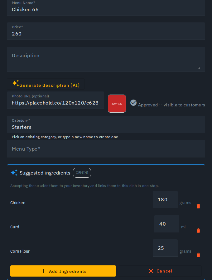 The single-item "Suggest ingredients (AI)" inline review on a menu item's edit form, showing suggested ingredients with editable amounts, a source badge and Add Ingredients / Cancel buttons
