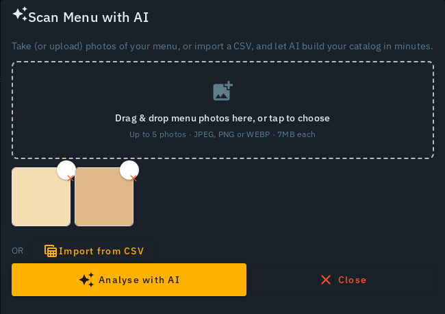 The Upload Menu Photo dropzone, with photo thumbnails and an Analyse with AI button