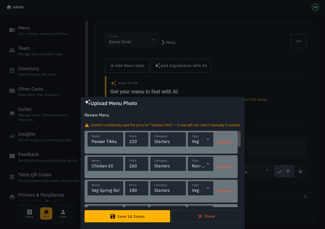Reviewing AI-extracted menu items before saving