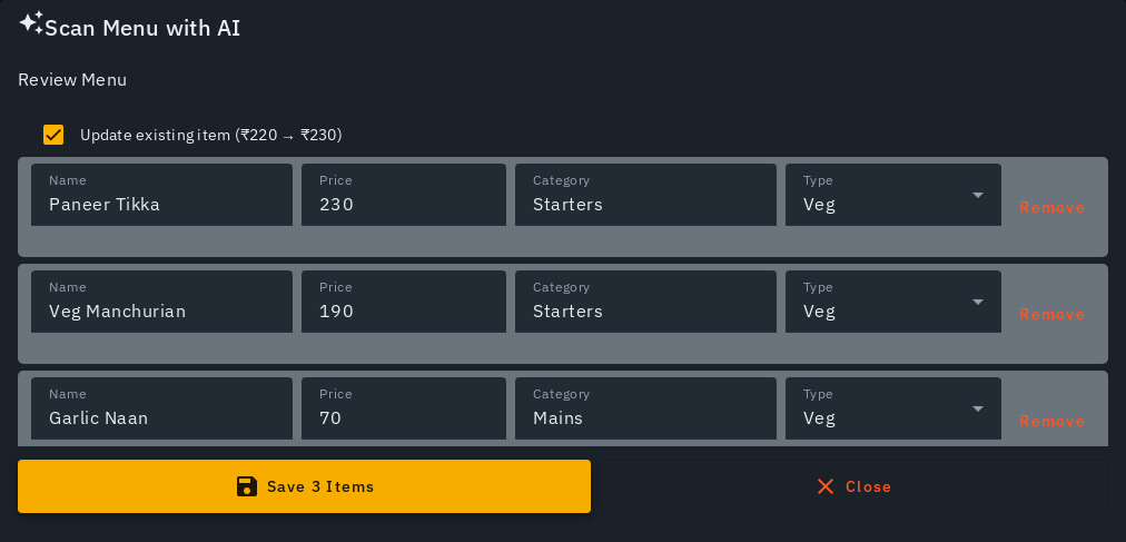 The review table with an editable name/price/category/type row and an existing-item price comparison