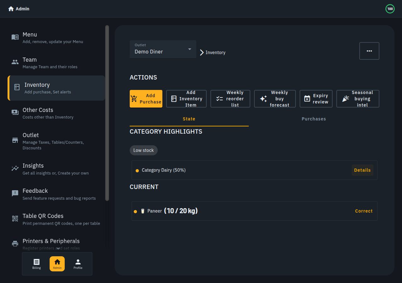 Biller.app's Inventory State tab showing Paneer at 10 out of 20 kg after one logged purchase