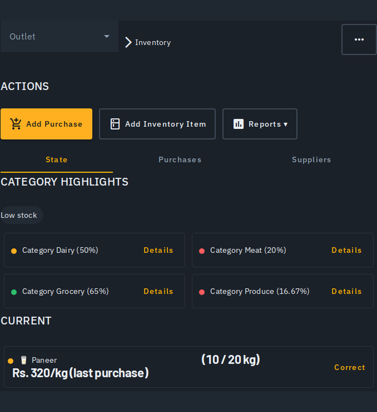 Biller.app's Inventory screen on the State tab, showing the Add Purchase, Add Inventory Item and Reports buttons, category highlights for Dairy, Meat, Grocery and Produce, and Paneer at 10 of 20 kg