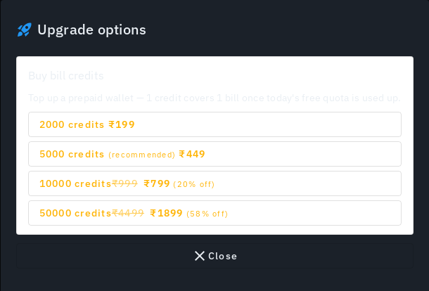 The Buy bill credits sheet listing the prepaid packs, each showing its credit count and price with any discounted pack's original price struck through