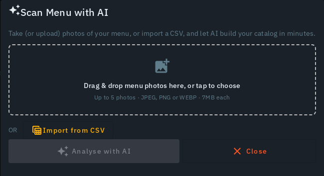 The "Import from CSV" button below the photo dropzone on the Upload Menu Photo upload screen