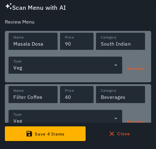 A CSV's rows loaded into the editable review table, each with a name, price, category and type field and a Remove action
