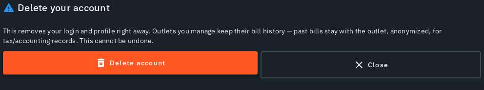 The Delete your account confirmation, naming exactly what's removed right away vs retained