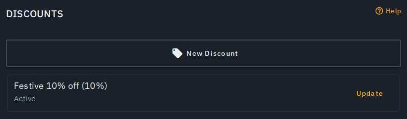 The Outlet Discounts section with a New Discount button and a saved discount card showing its name, percentage and Active state with an Update action