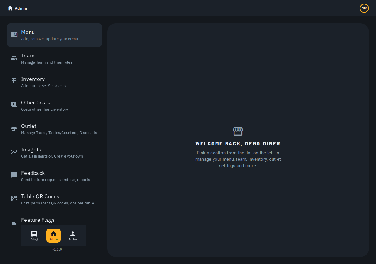 The Biller admin dashboard, with the side-bar sections (Menu, Team, Inventory, Outlet, Insights and more) each step below links out to