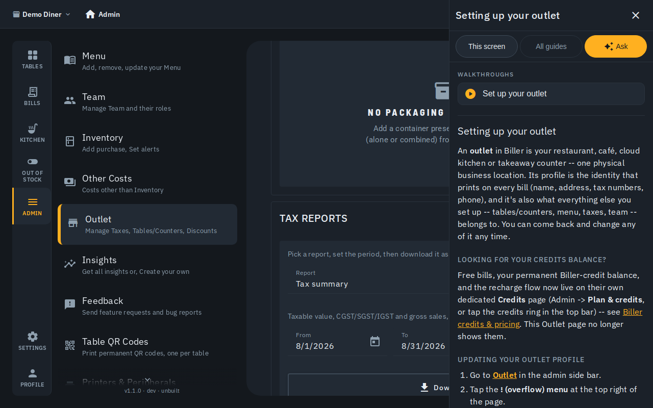 The in-app Help panel, open beside the Outlet screen -- This screen/All guides/Ask tabs, a walkthrough, and the matching guide
