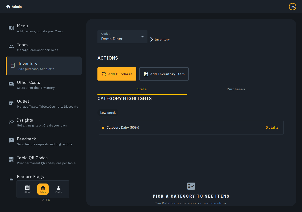 The Inventory State tab, with Add Purchase / Add Inventory Item actions and a Category Highlights list showing each category's "% left" with a colour dot, a Details button and a Low stock filter chip