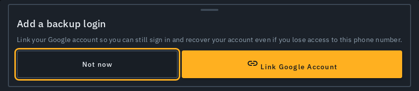 The "Add a backup login" prompt, with "Not now" and "Link Google Account" actions