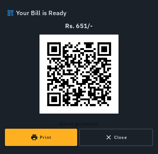 The Show QR sheet with a QR code, the bill total and Print/Close buttons