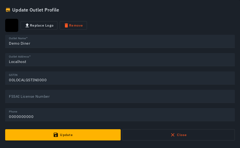 The Update Profile sheet with a logo uploaded, showing Replace Logo and Remove buttons