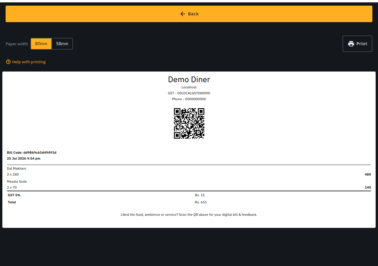 The paper-width toggle and Print button above a receipt