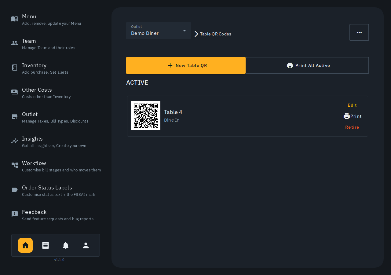 The Table QR Codes page with an active table's QR preview, label and table/counter