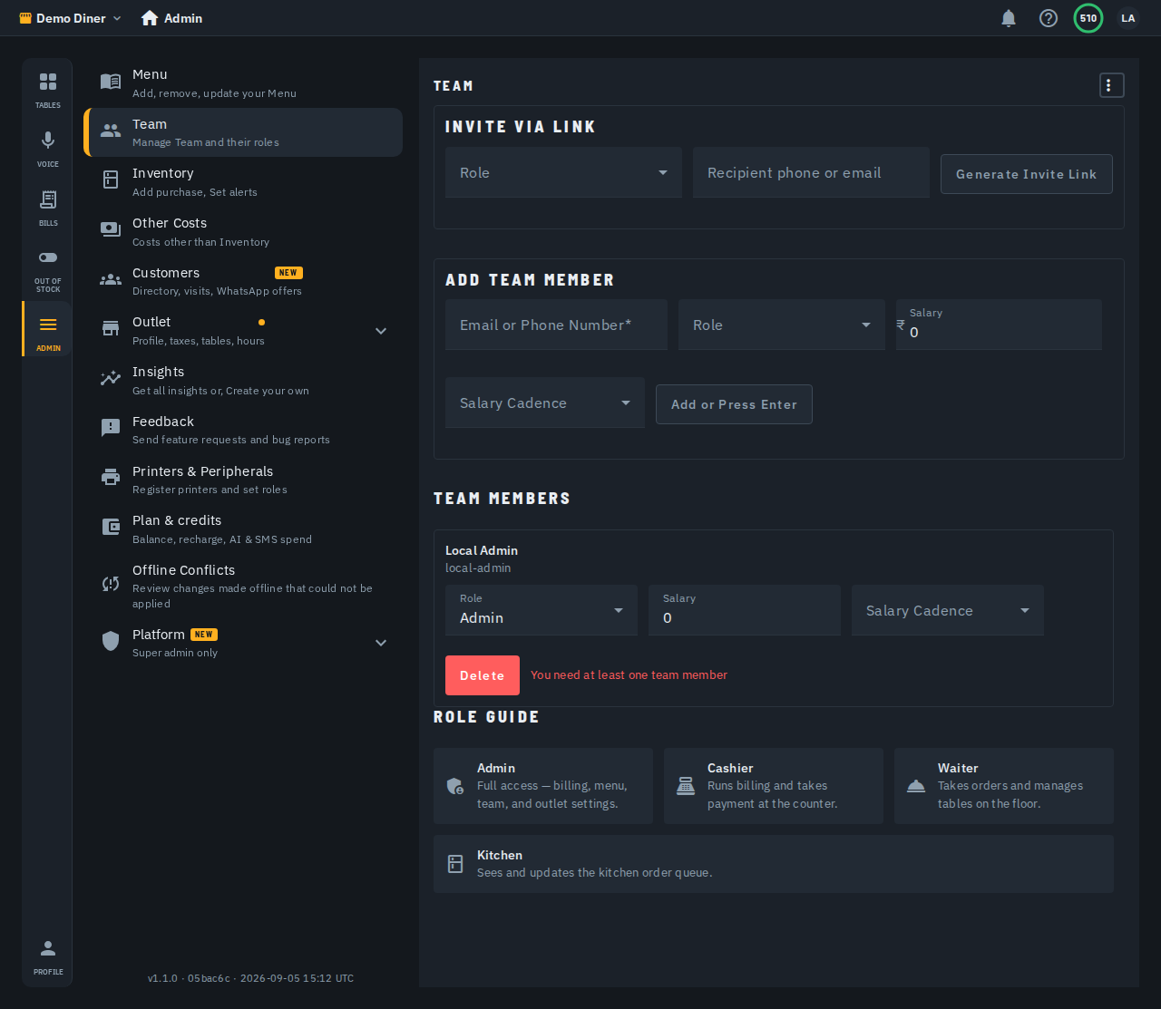 The Team screen -- team member list, roles, and the Invite via Link panel