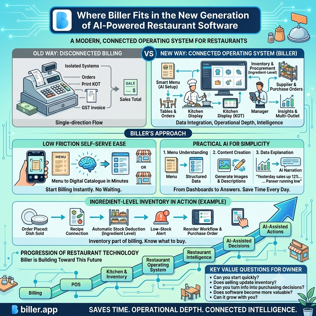 Diagram of the path from billing through POS and kitchen to restaurant intelligence, with five questions an owner should ask of any restaurant software